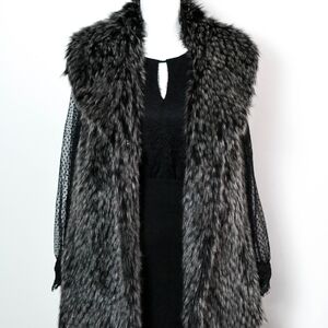 White House Black Market Collard Black and Gray Faux Fur Vest